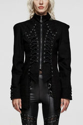 Manteau Steampunk Femme Slim Irrégulier à Fermeture Éclair avec Col Montant en Corde Œillet en Denim Noir